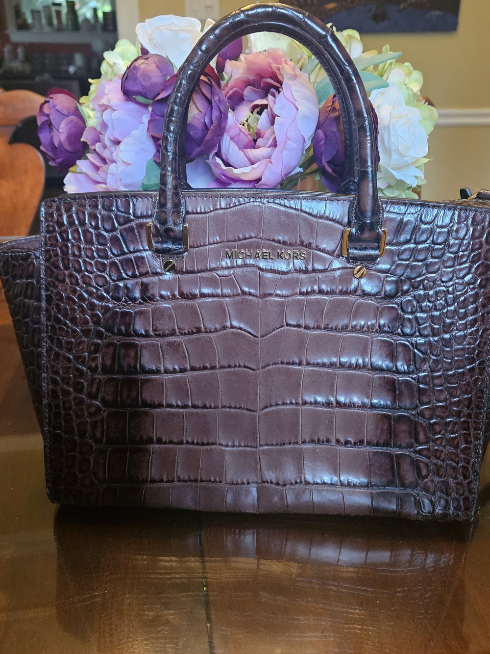 Michael Kors Women's Selma Large Croc-Embossed Leather Satchel in Dark Brown
